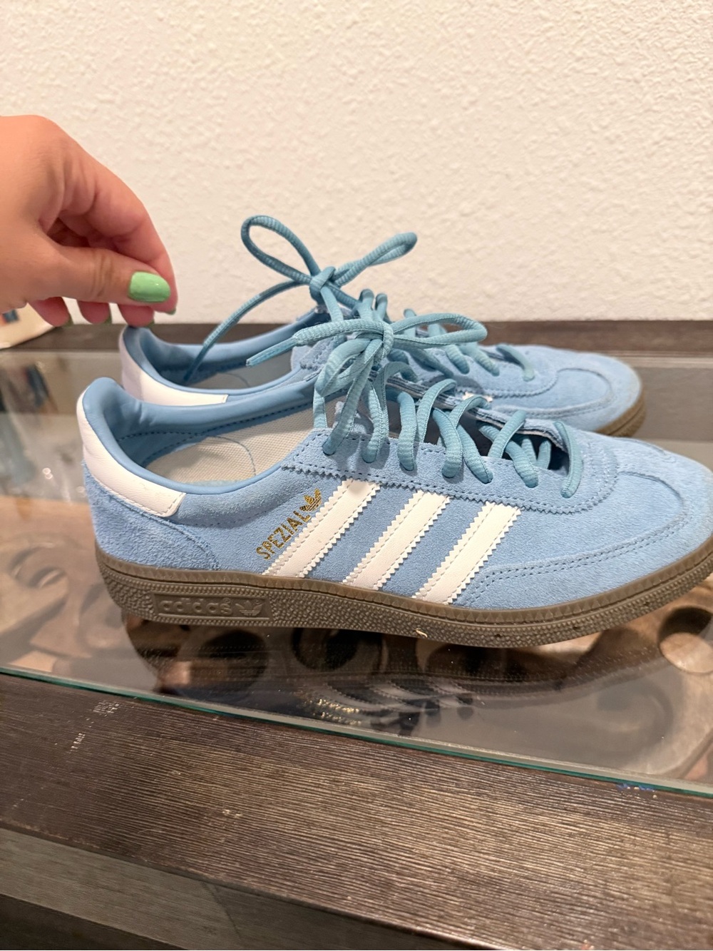 adidas Light Blue Suede Sneakers with White Stripes - Picture 2 of 7